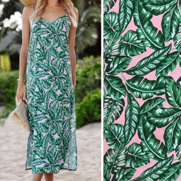 Kenny Flowers Beverly Hills Palm Leaf Print Island Green Maxi Dress SZ LG - Picture 1 of 7